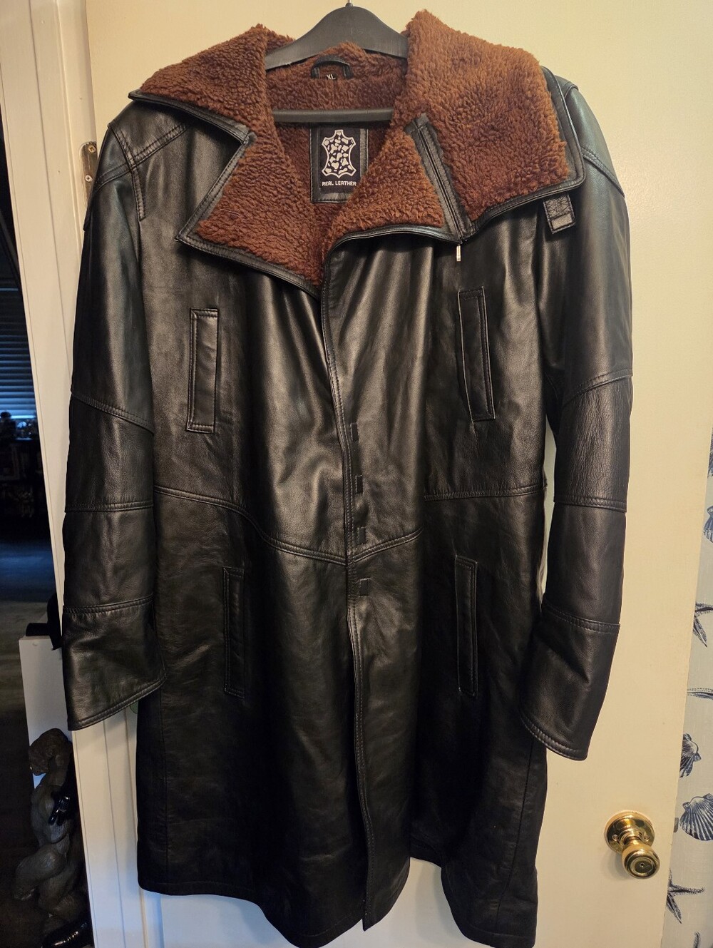 Vtg Mens XL Real Leather Coat Black Long Overcoat Blade Runner Jacket